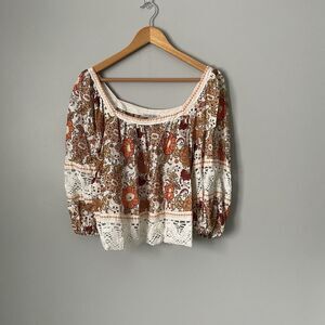 Rachel Zoe Women's Floral Print Blouse 3/4 Sleeves Lace Details Flowy Size Small